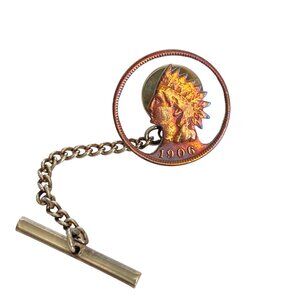 1906 Indian Head Penny Cut Out Tie Tack With Chain Bar Vintage Mens Accessory